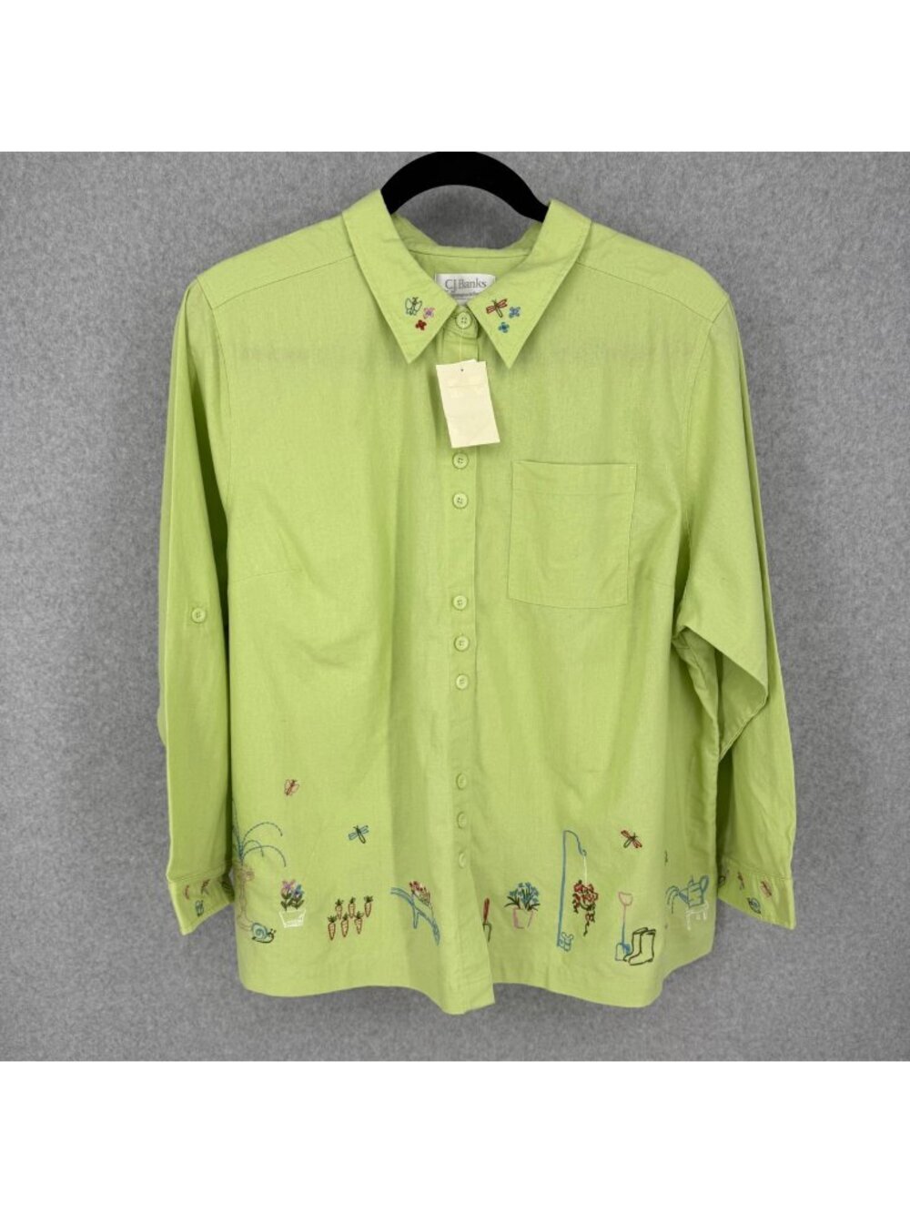 CJ Banks Linen Cotton Blend Button Down Shirt Size 3X Lime Green Embroidered NEW